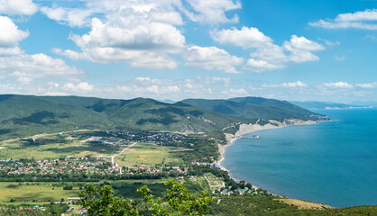 Fototapeta na wymiar Panoramic aerial view on Black Sea coast from Yoga House in Abrau Durso resort