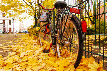 Een fiets geparkeerd langs de stoep met gouden bladeren in de herfst