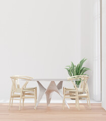 Living room and white wall,big window, table set, minimal style ,mock up and copy space wall - 3d rendering -