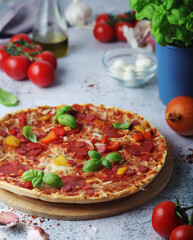 Pizza with salami and basil