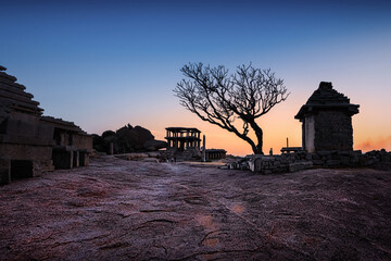 Beautiful ancient architecture of temples on Hemakuta Hill, Hampi, Karnataka, India.