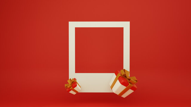 Photo frame mockup with gift boxes with gold bows on a red background. Holiday template for instagram, sale, creative congratulations. 3D render illustration