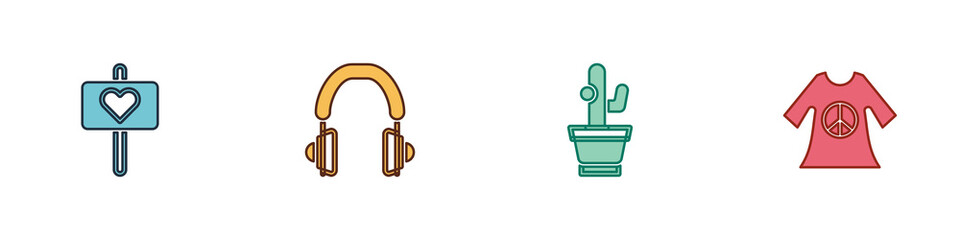 Set Peace, Headphones, Cactus and dress print stamp icon. Vector