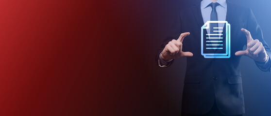 Businessman man holding a document icon in his hand Document Management Data System Business...