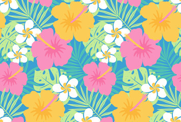 seamless pattern with tropical illustrations for banners, cards, flyers, social media wallpapers, etc. - obrazy, fototapety, plakaty