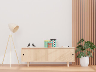 Living room and white wall, and wooden sideboard, minimal style ,mock up and copy space wall - 3d rendering -