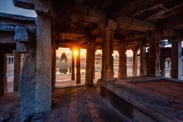 View of sunrise at Pushkarni, Sri Krishna tank in ruins. Hampi, karnataka, India.