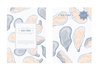 Fresh tasty seafood clams, oysters in seashells vector hand drawn poster concept with space for text.