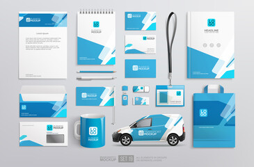 Stationery Brand Identity Mockup set with blue and white abstract geometric design.  Business stationary mockup template of Guide, annual report cover, van, brochure, bag, corporate mug - obrazy, fototapety, plakaty