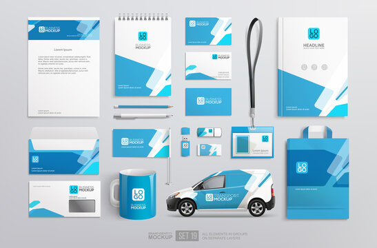 Stationery Brand Identity Mockup Set With Blue And White Abstract Geometric Design.  Business Stationary Mockup Template Of Guide, Annual Report Cover, Van, Brochure, Bag, Corporate Mug
