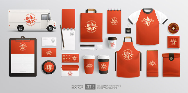 Food truck with Coffee branding identity on package Mockup set. Realistic MockUp set of delivery truck, uniform, paper cup, food package, shopping bag. Fast food and beverage package design