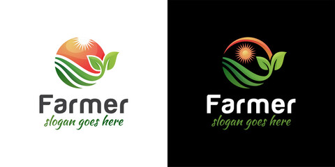 agriculture farmer garden nature with sun logo design and two versions