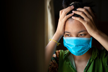  Worried, scare, panicked Asia woman in medical mask, concerned about virus corona pandemic...