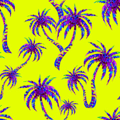 Fototapeta na wymiar Seamless purple watercolor palm Tree pattern on bright green. Floral summer tropical print. 
