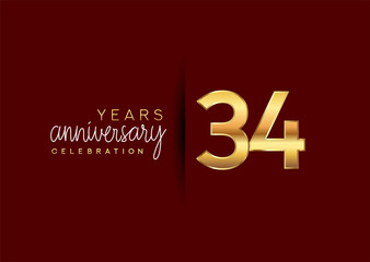 34th years anniversary celebration logotype with gold and elegant color isolated on red color. vector anniversary for celebration, invitation card, and greeting card.