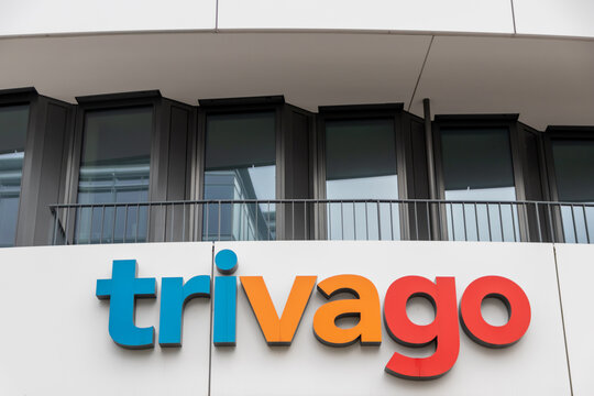 Dusseldorf, North Rhine-Westphalia, Germany, July 8, 2021: Headquarter of trivago in D&uuml;sseldorf Medienhafen shows Logo of the travel management company for international travel and holiday adventures