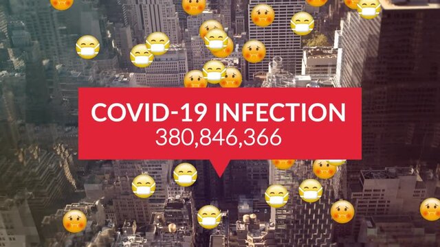 Animation of covid 19 infection and rising number, over emojis and modern city buildings