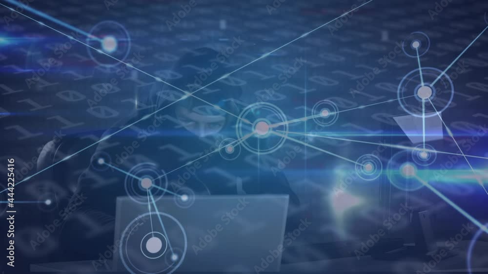 Poster animation of network of connections with hacker and binary coding numbers changing