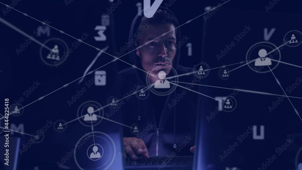 Poster Animation of network of connections with hacker and numbers changing