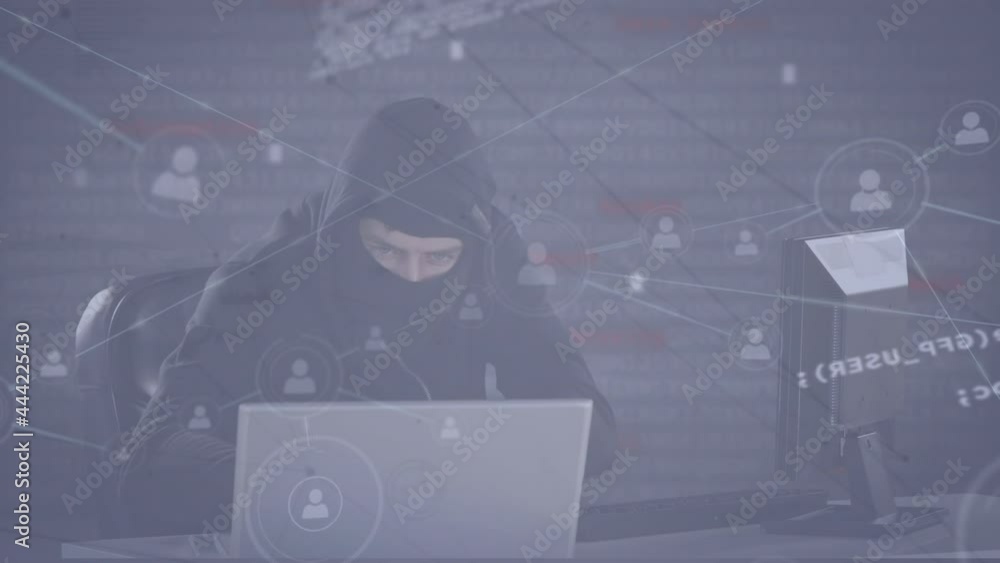 Poster Animation of network of connections with hacker and numbers changing