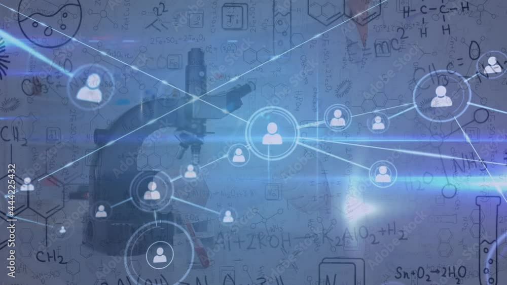 Poster animation of network of connections with female scientist using microscope