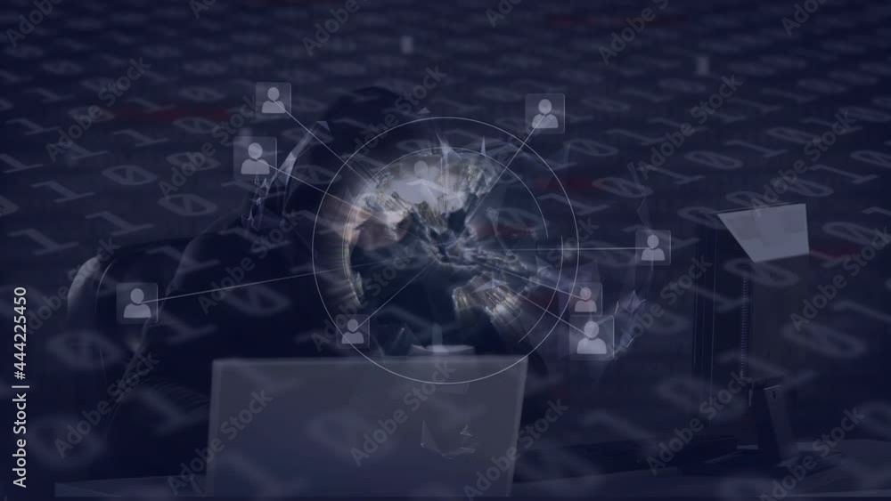 Poster animation of network of connections with binary coding and hacker