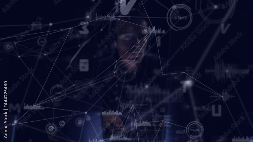 Poster animation of network of connections with numbers and hacker