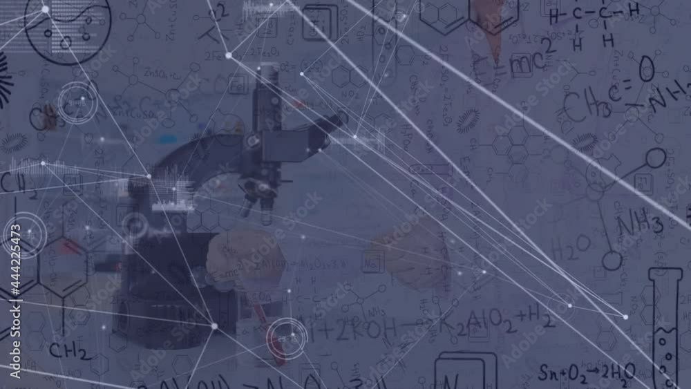 Poster animation of network of connections with female scientist using microscope