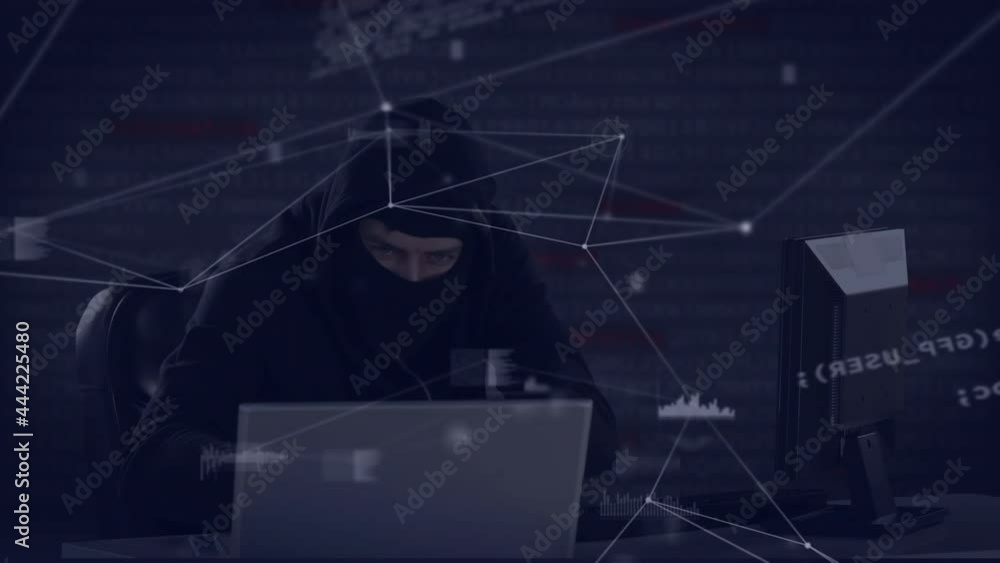 Poster Animation of network of connections with data processing and hacker