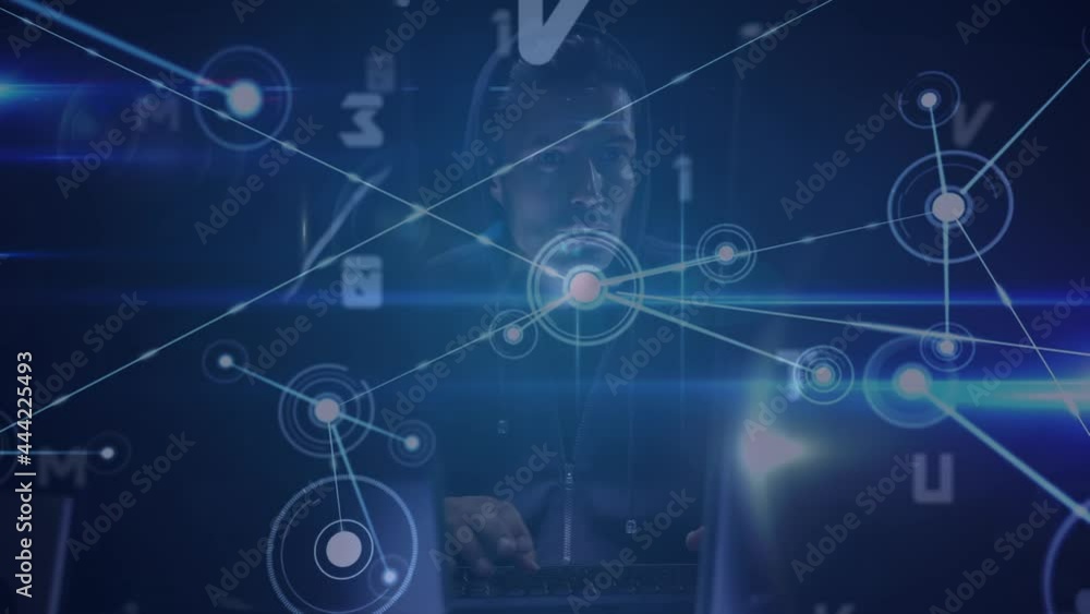 Poster animation of network of connections with numbers and hacker