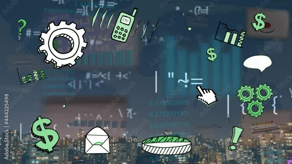 Aufkleber animation of business icons on digital interface and data processing over city at night