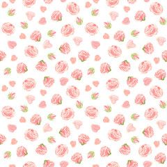 Pink roses seamless pattern. Flowers, buds and rose petals. Floral background in vintage style. Watercolor clipart.