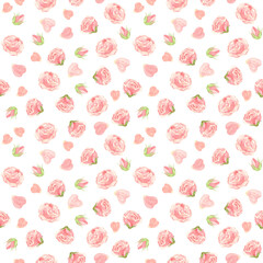 Pink roses seamless pattern. Flowers, buds and rose petals. Floral background in vintage style. Watercolor clipart.