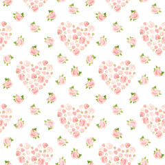 Pink roses hearts, seamless pattern. Flowers, buds and rose petals. Floral romantic background in vintage style for Valentines Day or wedding. Watercolor clipart.