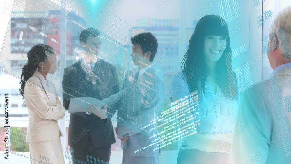 Poster animation of statistics and data processing over business meeting