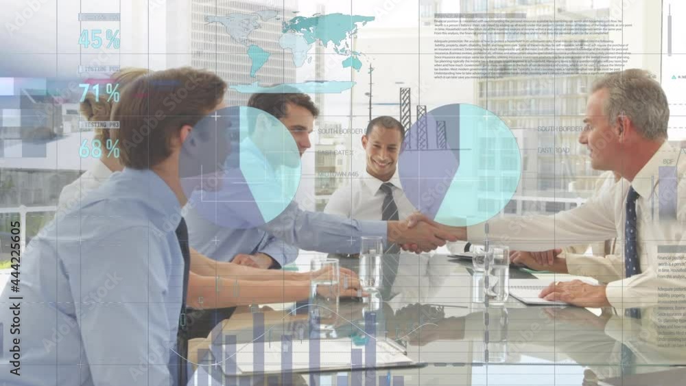 Poster animation of statistics and data processing over business meeting