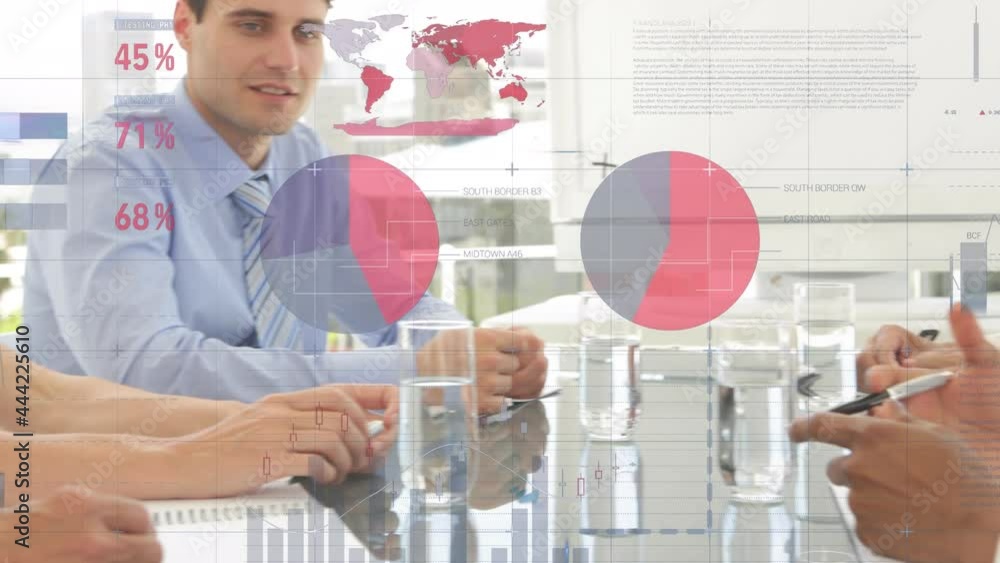 Aufkleber animation of statistics and data processing over business meeting