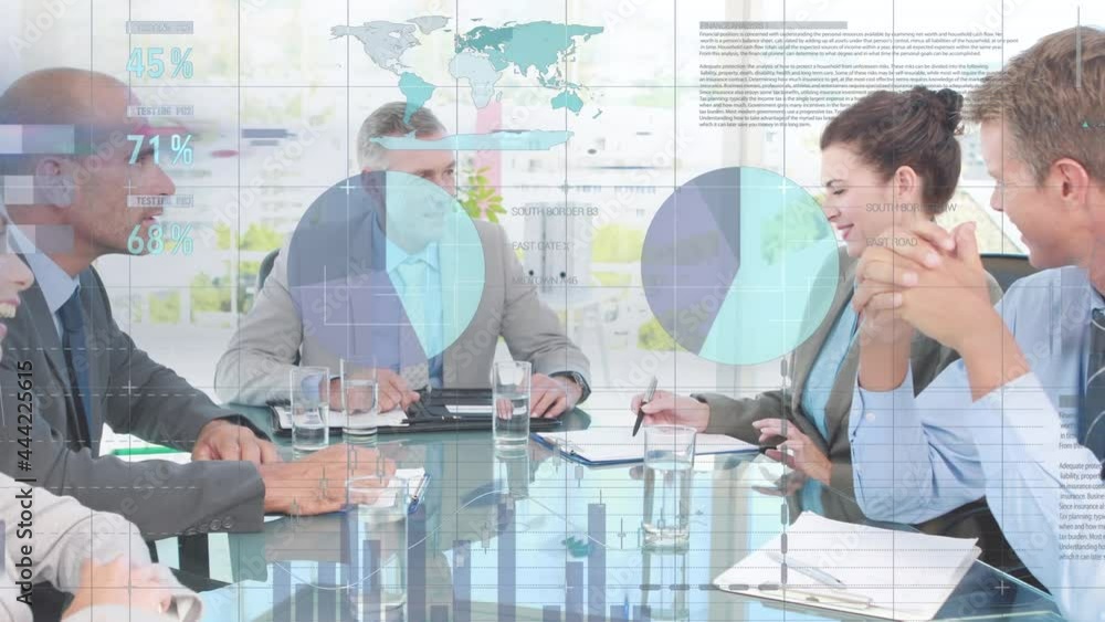 Poster animation of statistics and financial data processing over business meeting