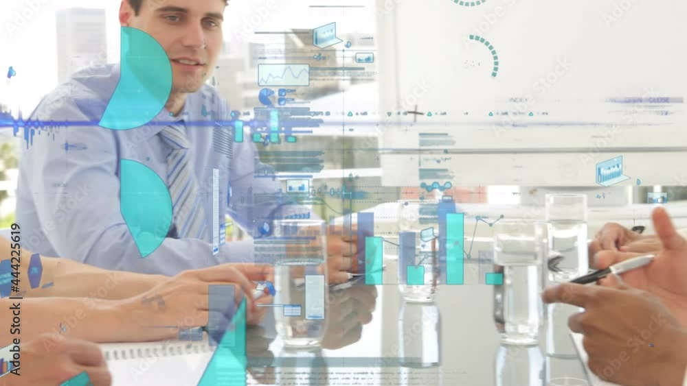 Poster animation of statistics and data processing over business meeting