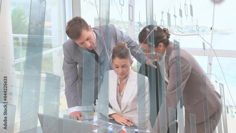 Poster animation of statistics and financial data processing over business meeting