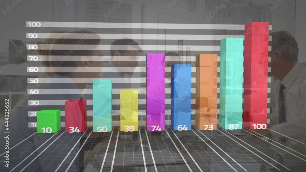 Poster animation of statistics and financial data processing over business meeting