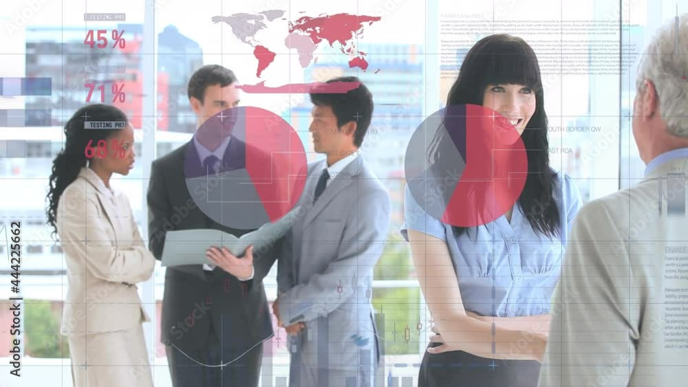 Poster animation of statistics and financial data processing over business meeting
