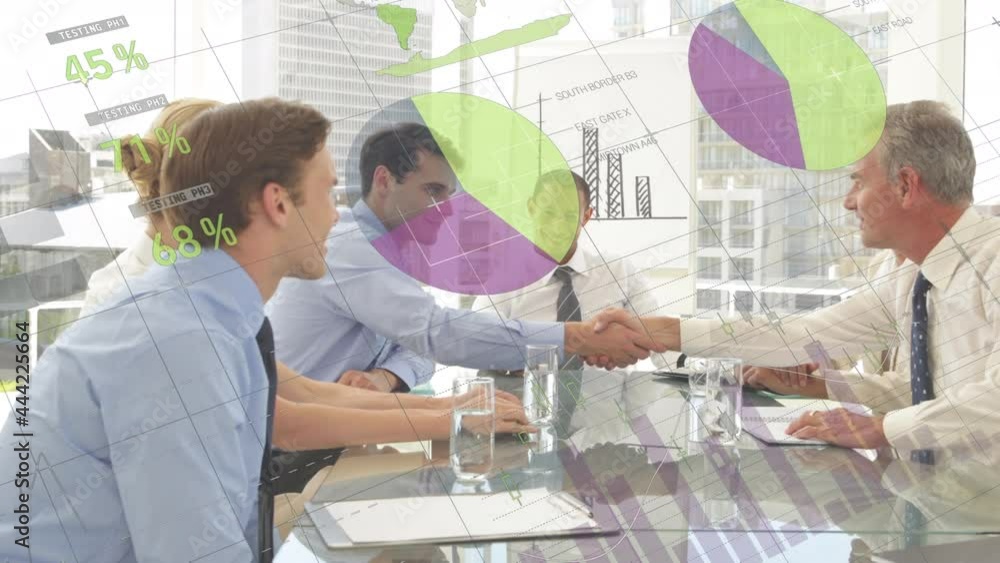 Poster animation of statistics and financial data processing over business meeting