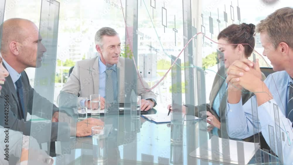Poster animation of statistics and financial data processing over business meeting