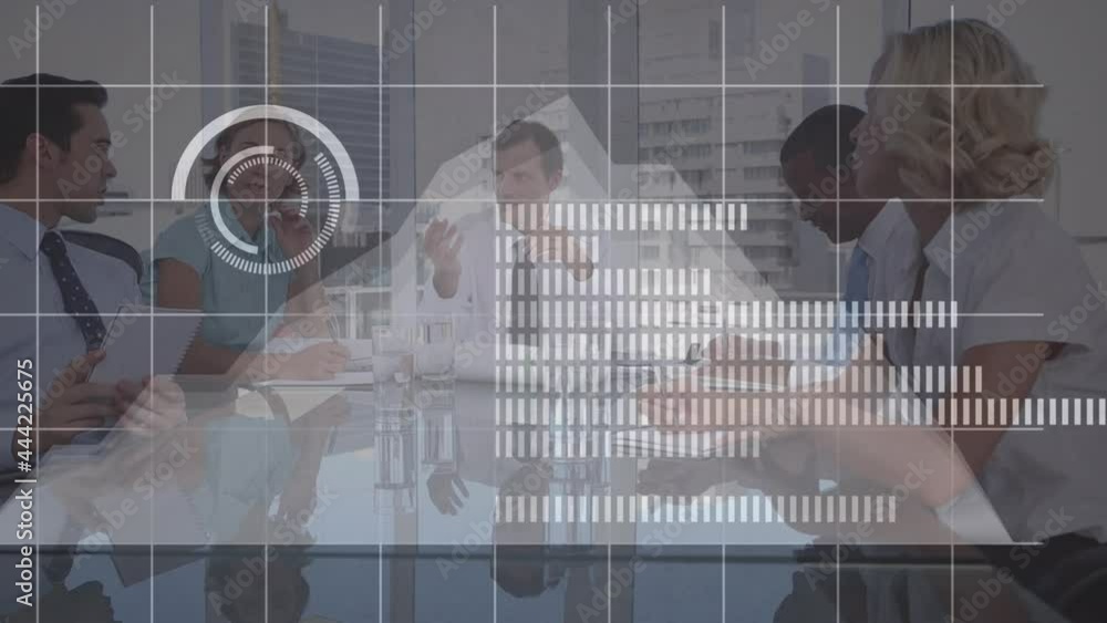 Poster animation of statistics and financial data processing over business meeting