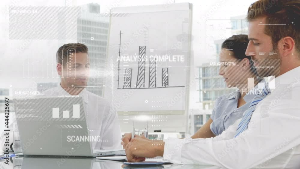 Poster animation of statistics and financial data processing over business meeting
