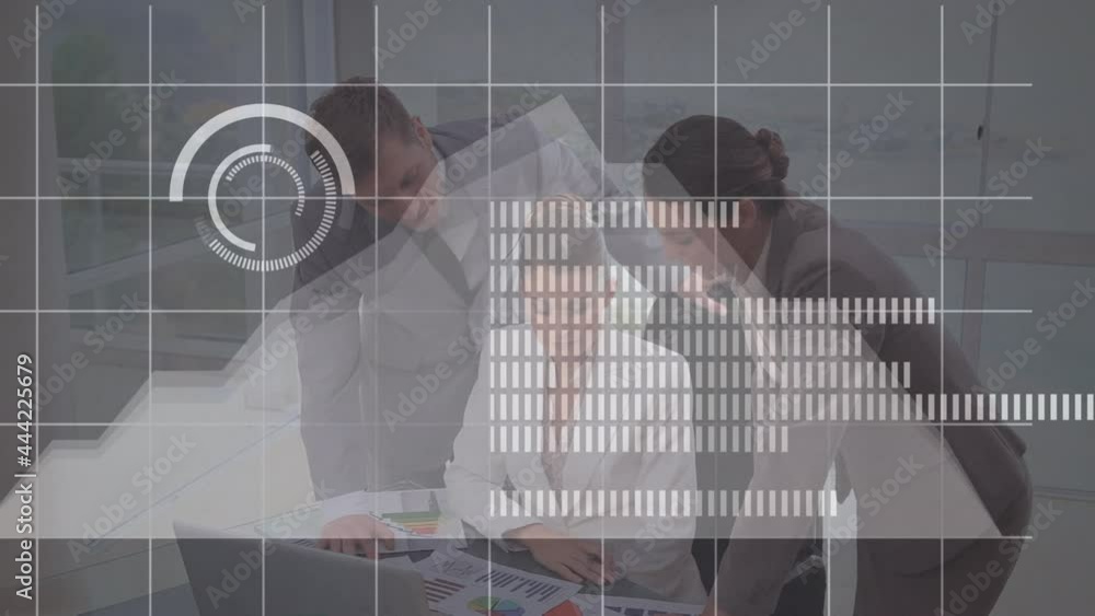 Poster animation of statistics and financial data processing over business meeting