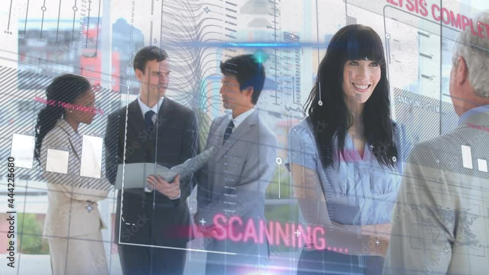 Poster animation of statistics and financial data processing over business meeting