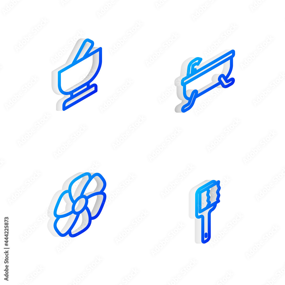 Sticker Set Isometric line Bathtub, Mortar and pestle, Flower and Sauna brush icon. Vector