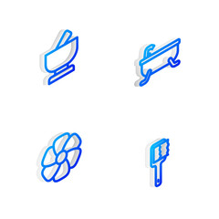 Set Isometric line Bathtub, Mortar and pestle, Flower and Sauna brush icon. Vector